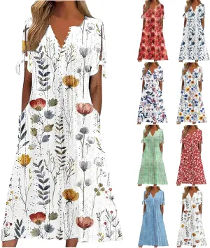Maxi Dresses for Women 2025 Trendy Short Sleeve Eyelet Dress v Neck Floral Printed Dresses Summer Beach Dress
