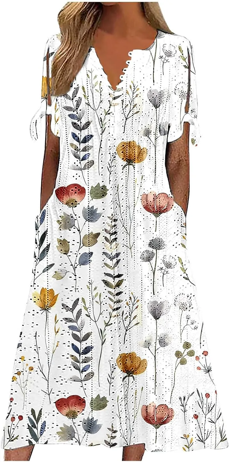 Maxi Dresses for Women 2025 Trendy Short Sleeve Eyelet Dress v Neck Floral Printed Dresses Summer Beach Dress