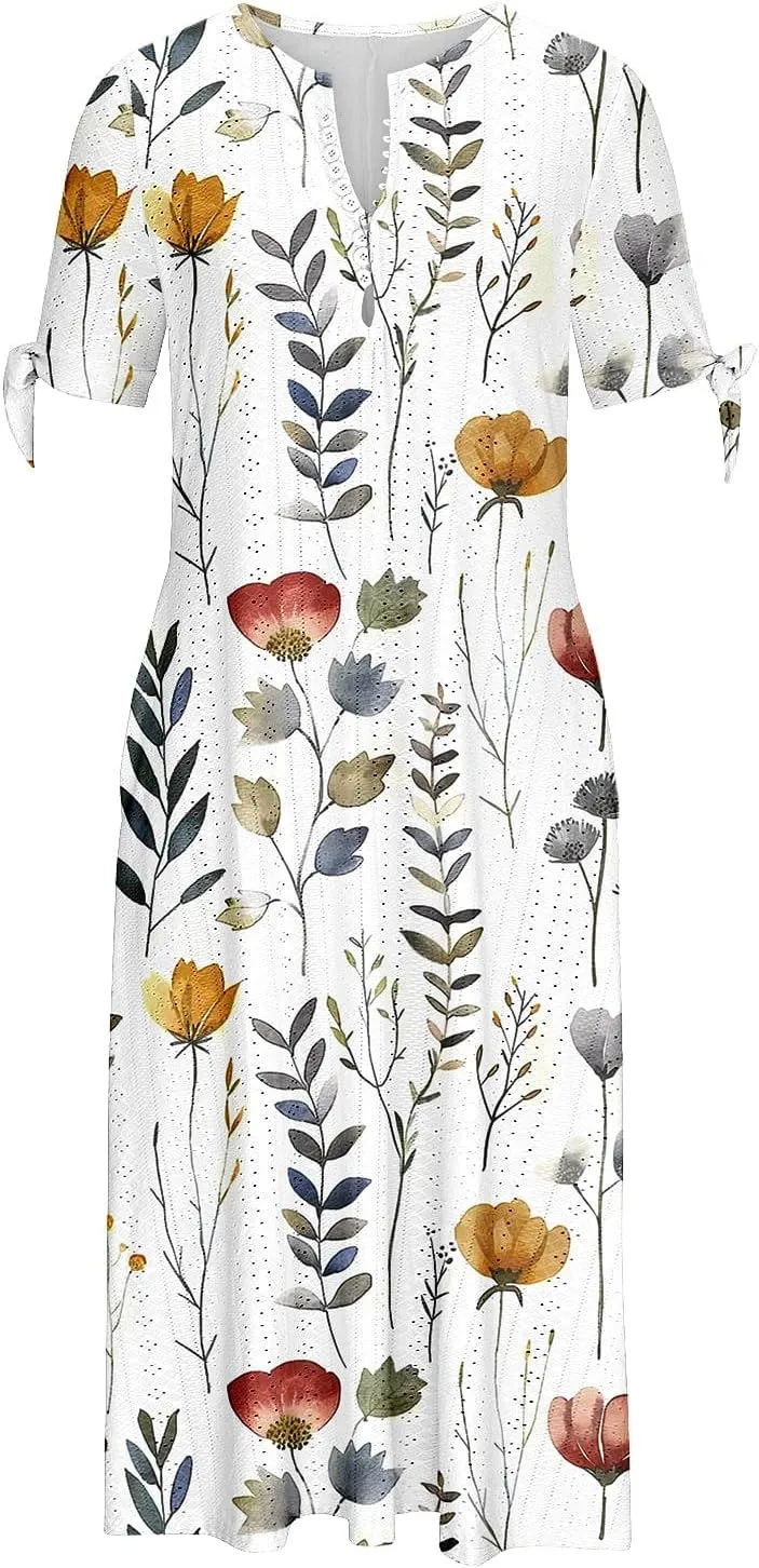 Maxi Dresses for Women 2025 Trendy Short Sleeve Eyelet Dress v Neck Floral Printed Dresses Summer Beach Dress