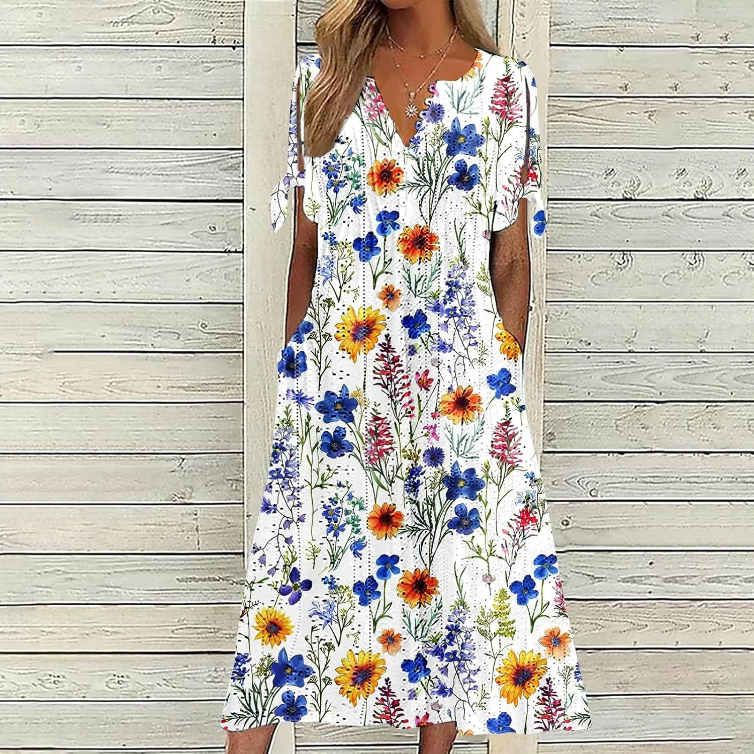 Maxi Dresses for Women 2025 Trendy Short Sleeve Eyelet Dress v Neck Floral Printed Dresses Summer Beach Dress