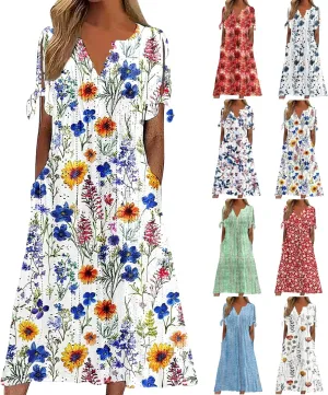 Maxi Dresses for Women 2025 Trendy Short Sleeve Eyelet Dress v Neck Floral Printed Dresses Summer Beach Dress