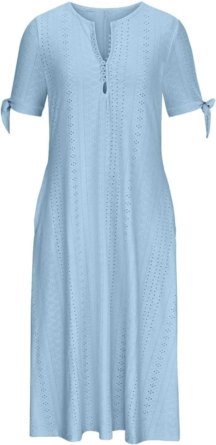 Maxi Long Dresses for Women 2025 Summer Casual V Neck Short Sleeve Eyelet Tshirt Dress Boho Aline Sundresses for Vacation