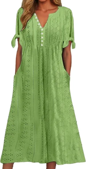 Maxi Long Dresses for Women 2025 Summer Casual V Neck Short Sleeve Eyelet Tshirt Dress Boho Aline Sundresses for Vacation