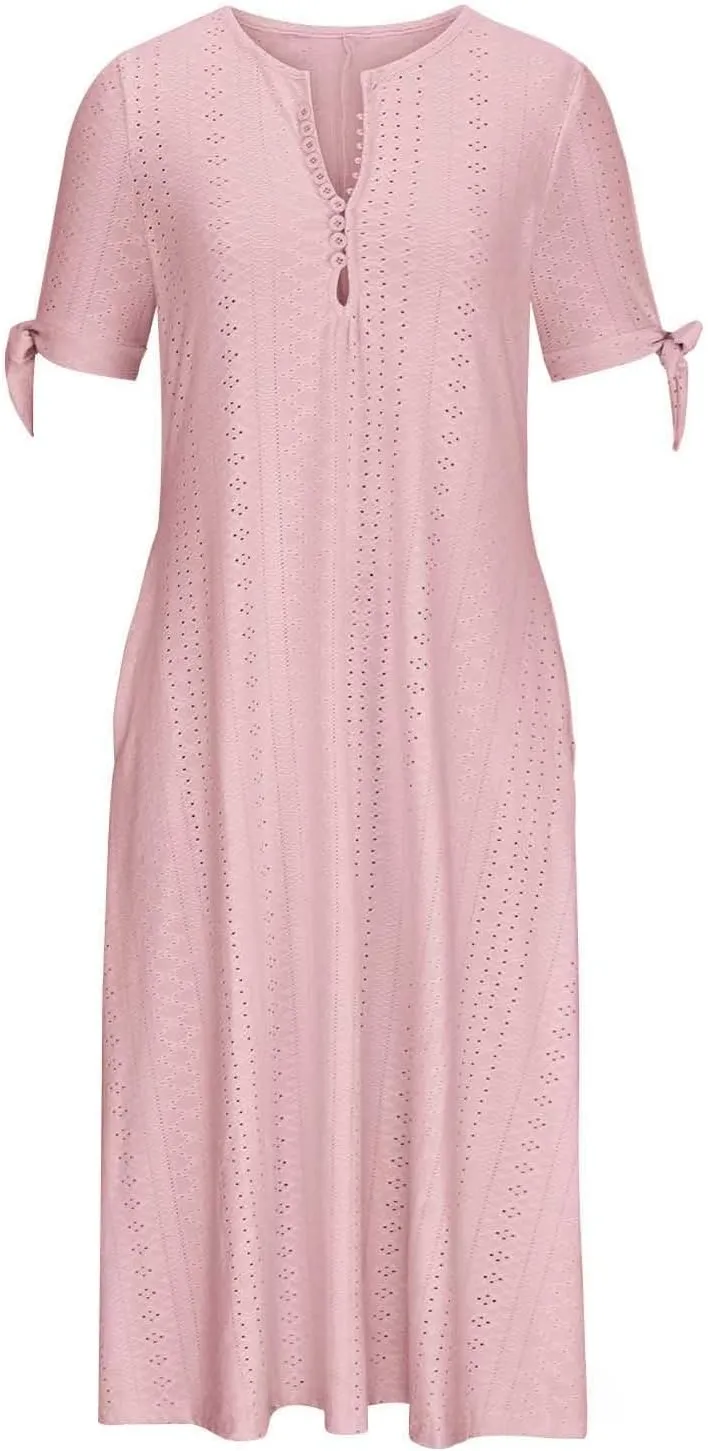 Maxi Long Dresses for Women 2025 Summer Casual V Neck Short Sleeve Eyelet Tshirt Dress Boho Aline Sundresses for Vacation
