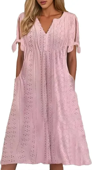 Maxi Long Dresses for Women 2025 Summer Casual V Neck Short Sleeve Eyelet Tshirt Dress Boho Aline Sundresses for Vacation