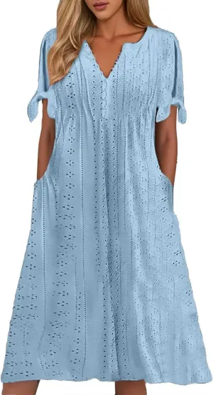 Maxi Long Dresses for Women 2025 Summer Casual V Neck Short Sleeve Eyelet Tshirt Dress Boho Aline Sundresses for Vacation