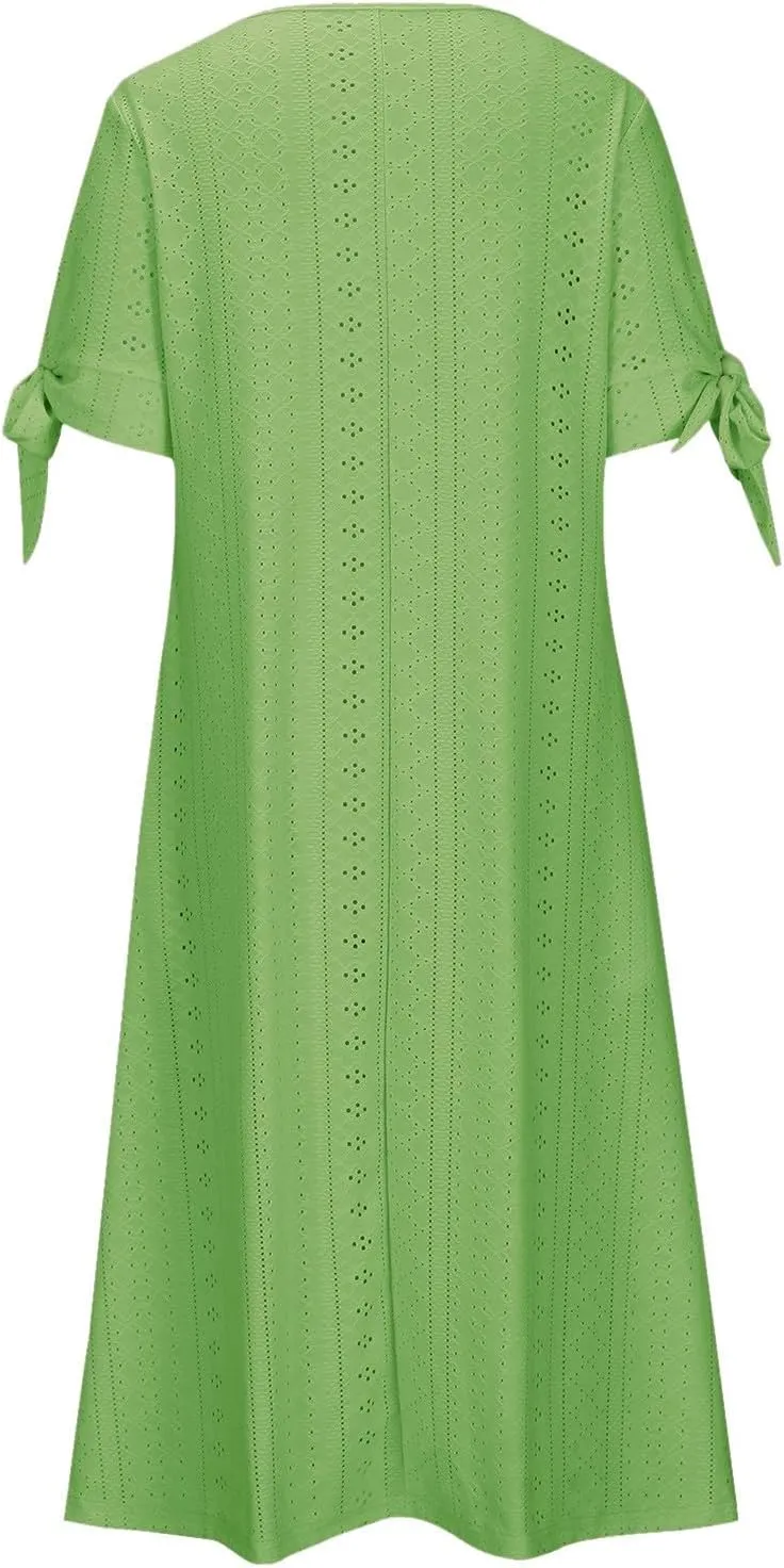 Maxi Long Dresses for Women 2025 Summer Casual V Neck Short Sleeve Eyelet Tshirt Dress Boho Aline Sundresses for Vacation
