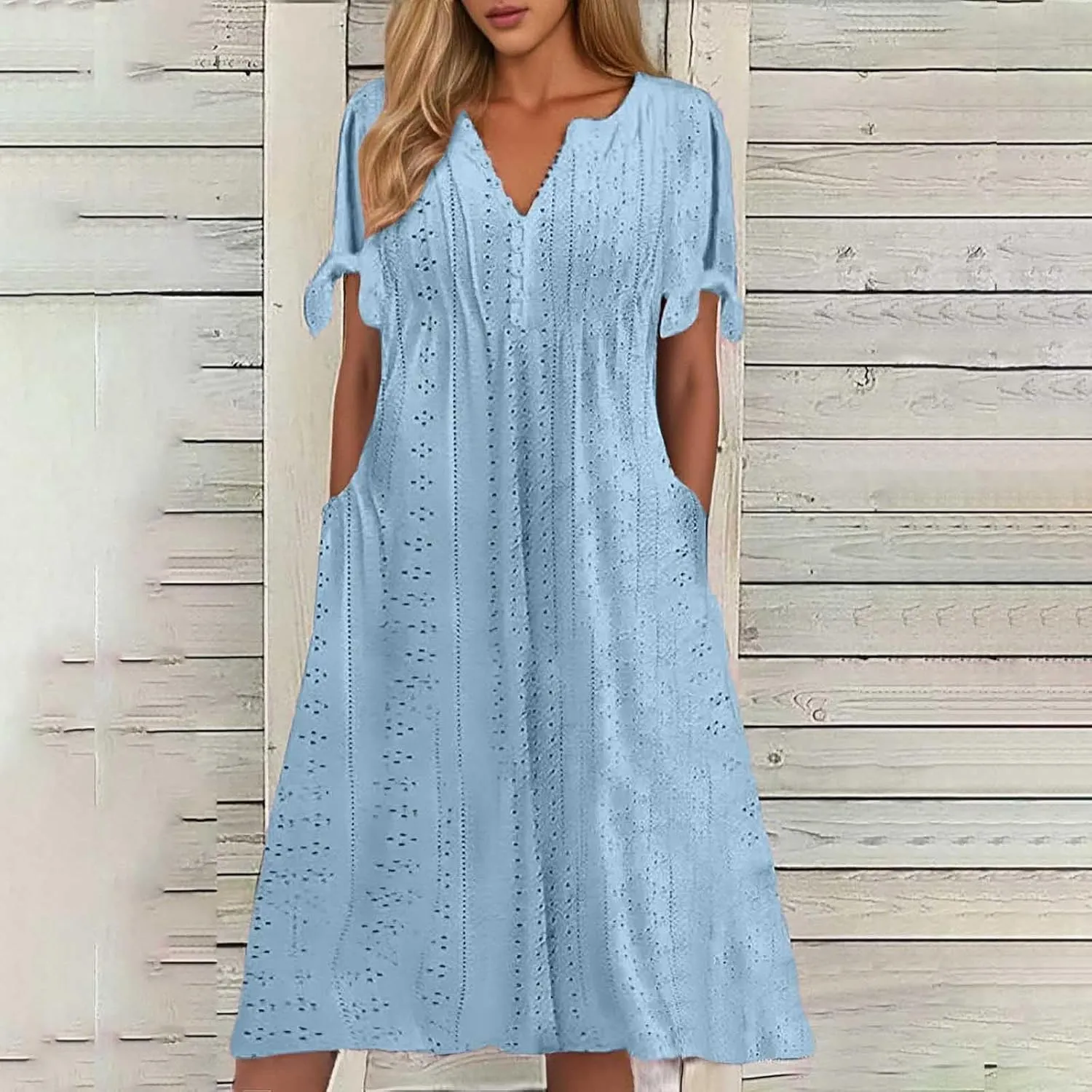 Maxi Long Dresses for Women 2025 Summer Casual V Neck Short Sleeve Eyelet Tshirt Dress Boho Aline Sundresses for Vacation