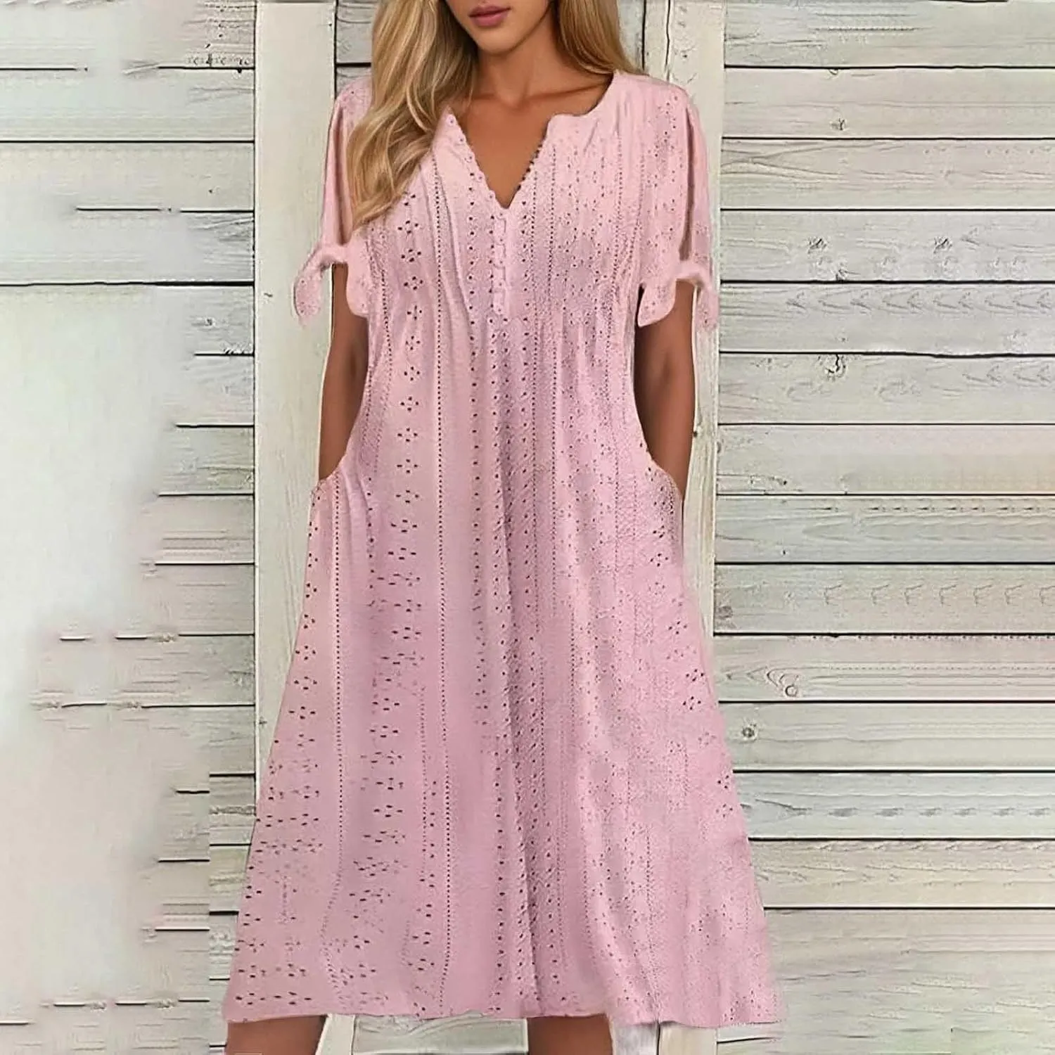 Maxi Long Dresses for Women 2025 Summer Casual V Neck Short Sleeve Eyelet Tshirt Dress Boho Aline Sundresses for Vacation