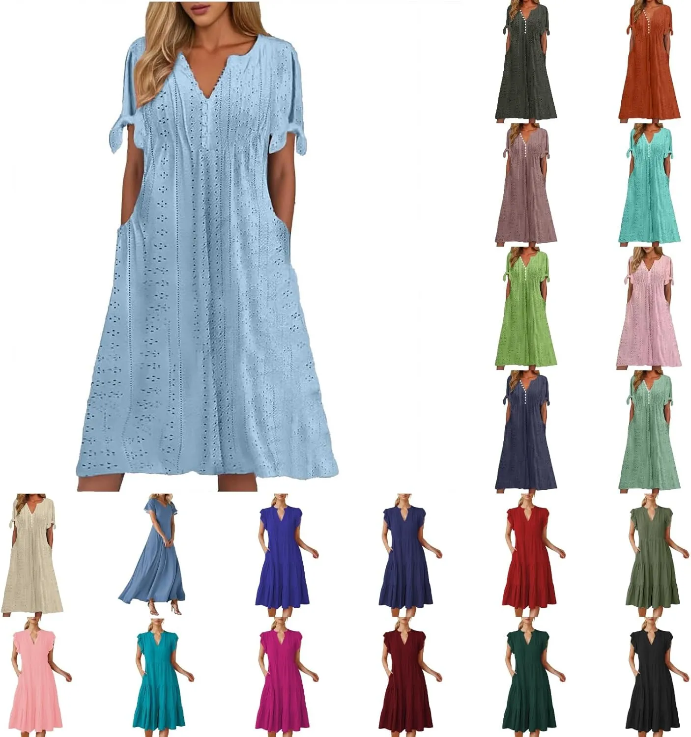 Maxi Long Dresses for Women 2025 Summer Casual V Neck Short Sleeve Eyelet Tshirt Dress Boho Aline Sundresses for Vacation