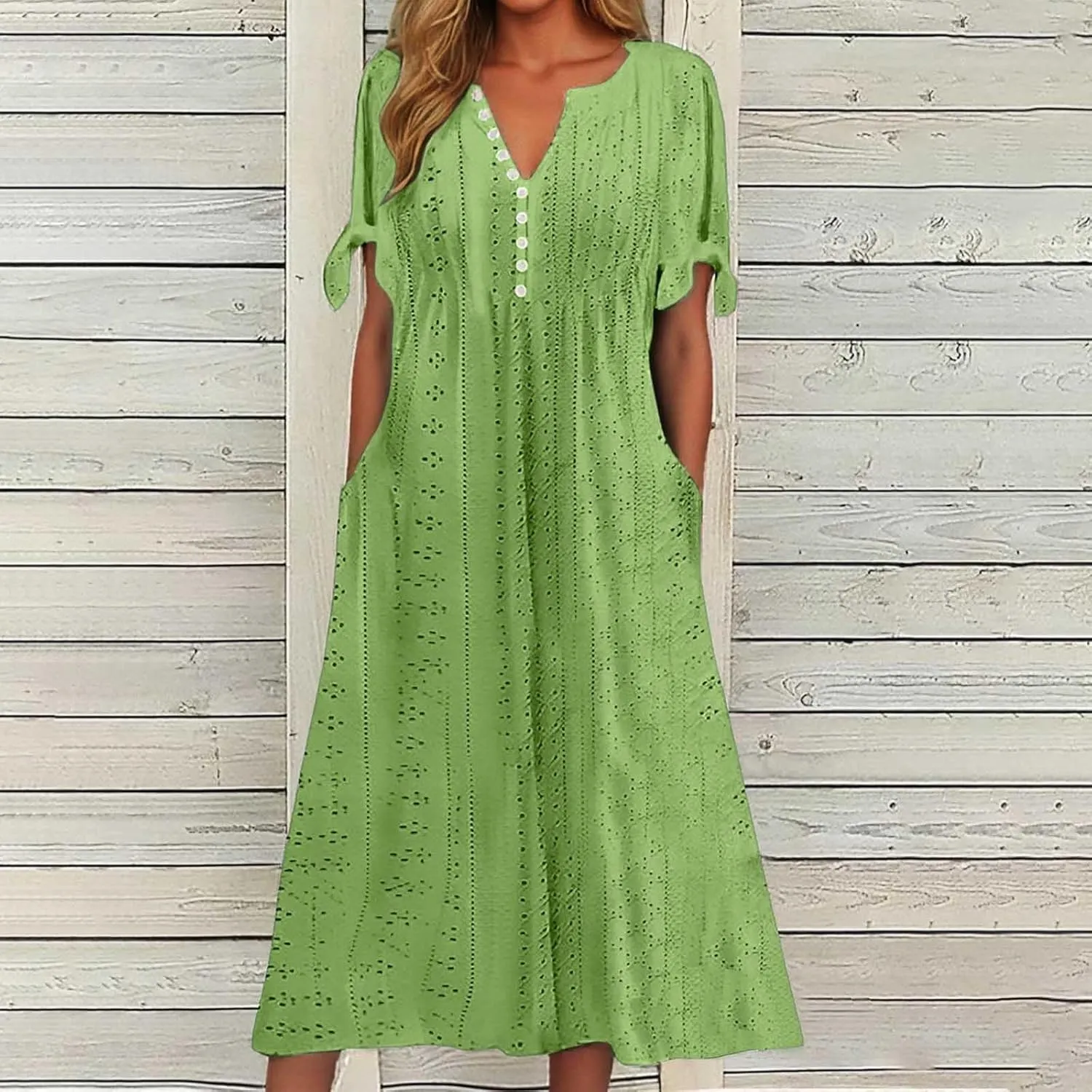 Maxi Long Dresses for Women 2025 Summer Casual V Neck Short Sleeve Eyelet Tshirt Dress Boho Aline Sundresses for Vacation