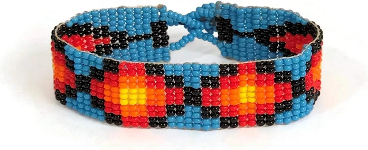 Mayan Arts Hand Woven Southwestern Style Bracelets, Narrow Beaded Bracelet, Casual Jewelry, Blue, Orange, Black Seed Beads, Stack .75 x 7.25 Inches