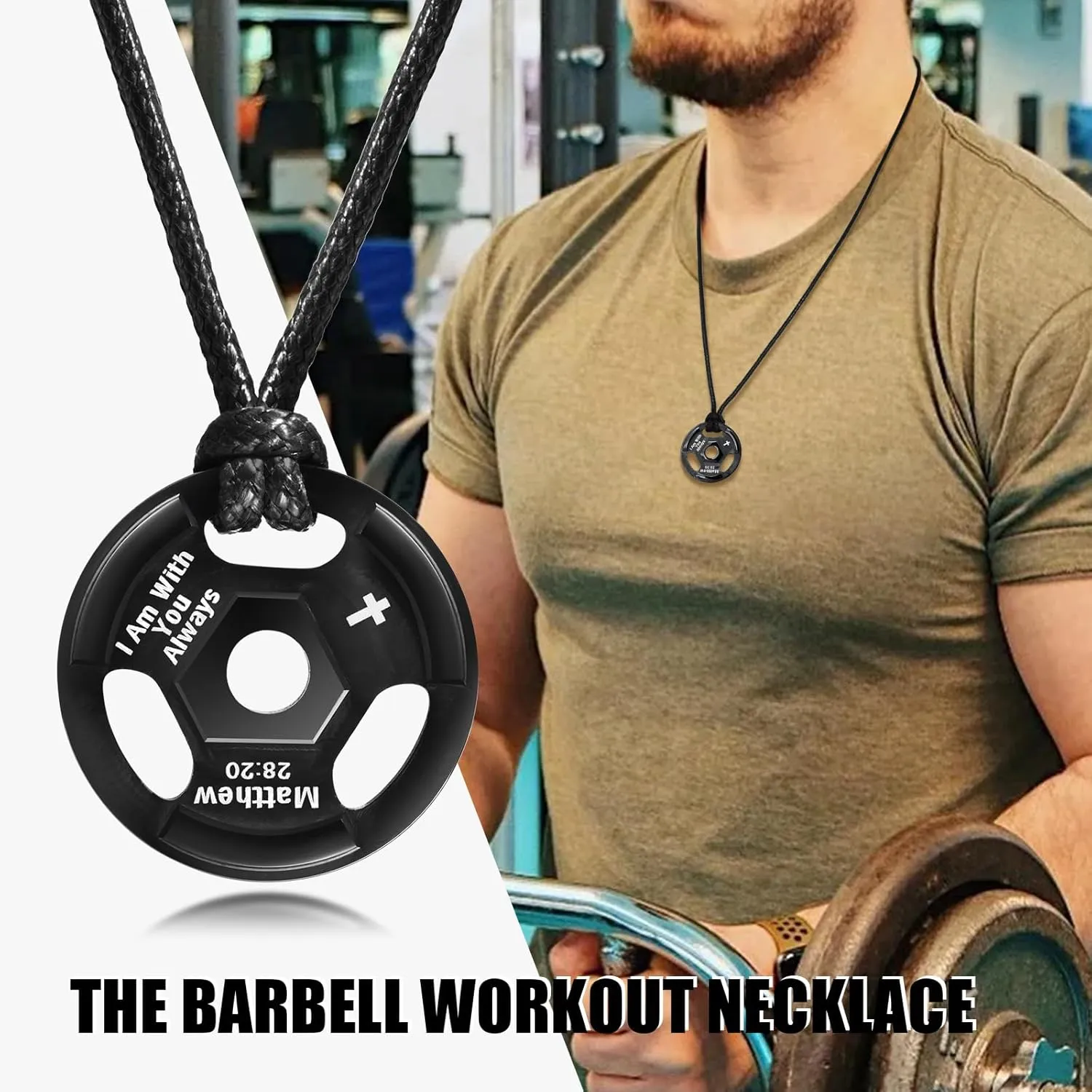 MEALGUET Barbell Necklace Workout Gift for Men : Inspirational Quote Engraved Barbell Pendant Necklace, Stainless Steel Weight Plate Strength Necklace, Gym Fitness Gift for Men Women