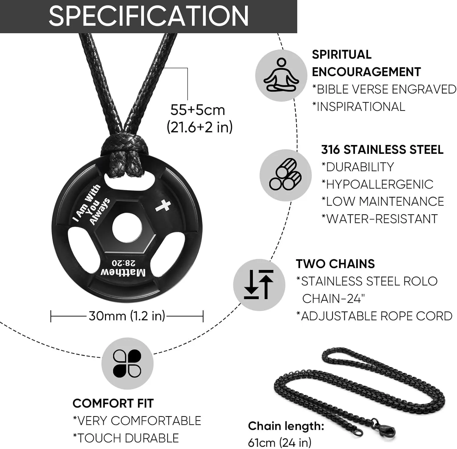 MEALGUET Barbell Necklace Workout Gift for Men : Inspirational Quote Engraved Barbell Pendant Necklace, Stainless Steel Weight Plate Strength Necklace, Gym Fitness Gift for Men Women