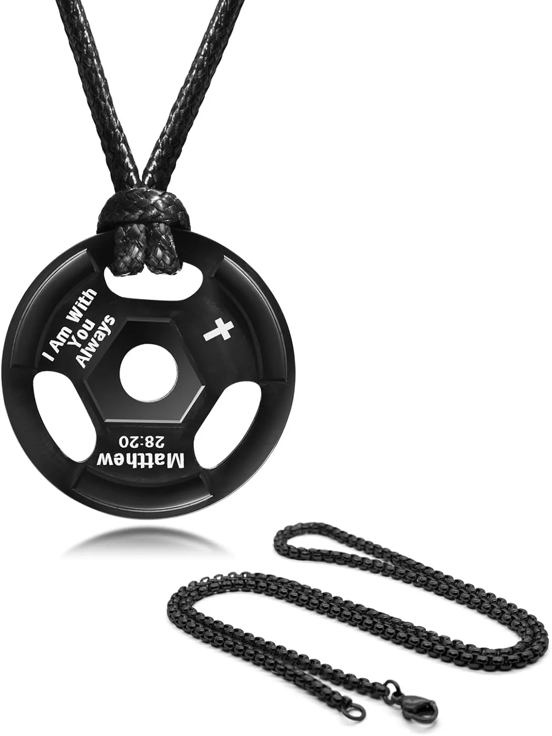 MEALGUET Barbell Necklace Workout Gift for Men : Inspirational Quote Engraved Barbell Pendant Necklace, Stainless Steel Weight Plate Strength Necklace, Gym Fitness Gift for Men Women