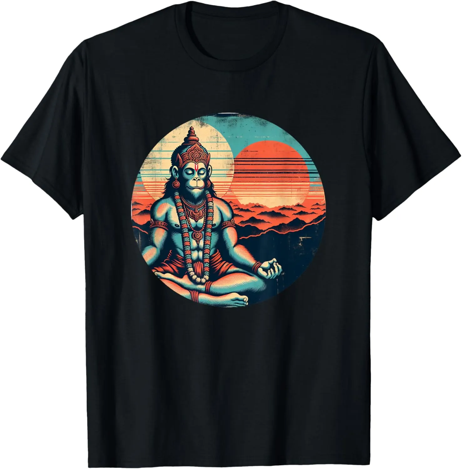 Meditating Hanuman Vintage Sunset Empowering Yoga Meditation T-Shirt