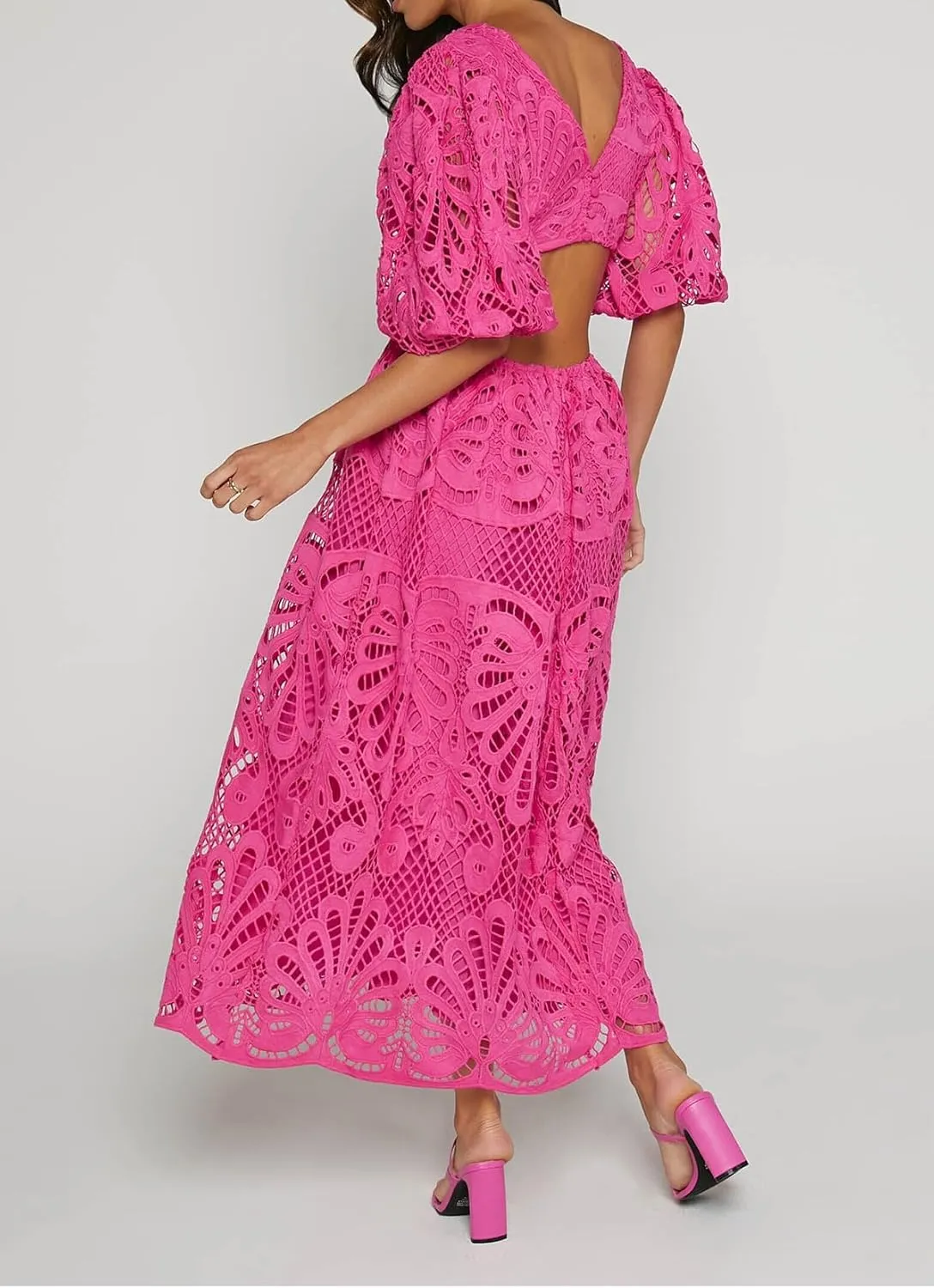 Melliflo Womens Summer Hollow Out Maxi Dress V Neck Puff Sleeve Cut Out Waist Long Dress Casual Beach Boho Sundress