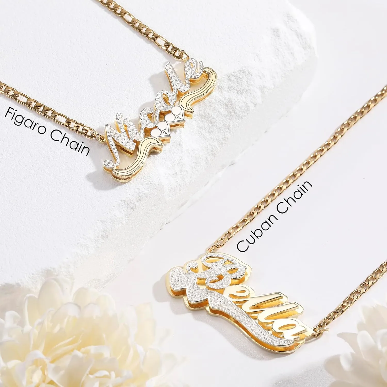 MeMeDIY Double Plated Name Necklace Personalized Name Plate Pendant Two Tone Gold and Silver Necklace for Women Heart Made Letter Plate Pendant Dainty Jewelry Gift 14"-22"