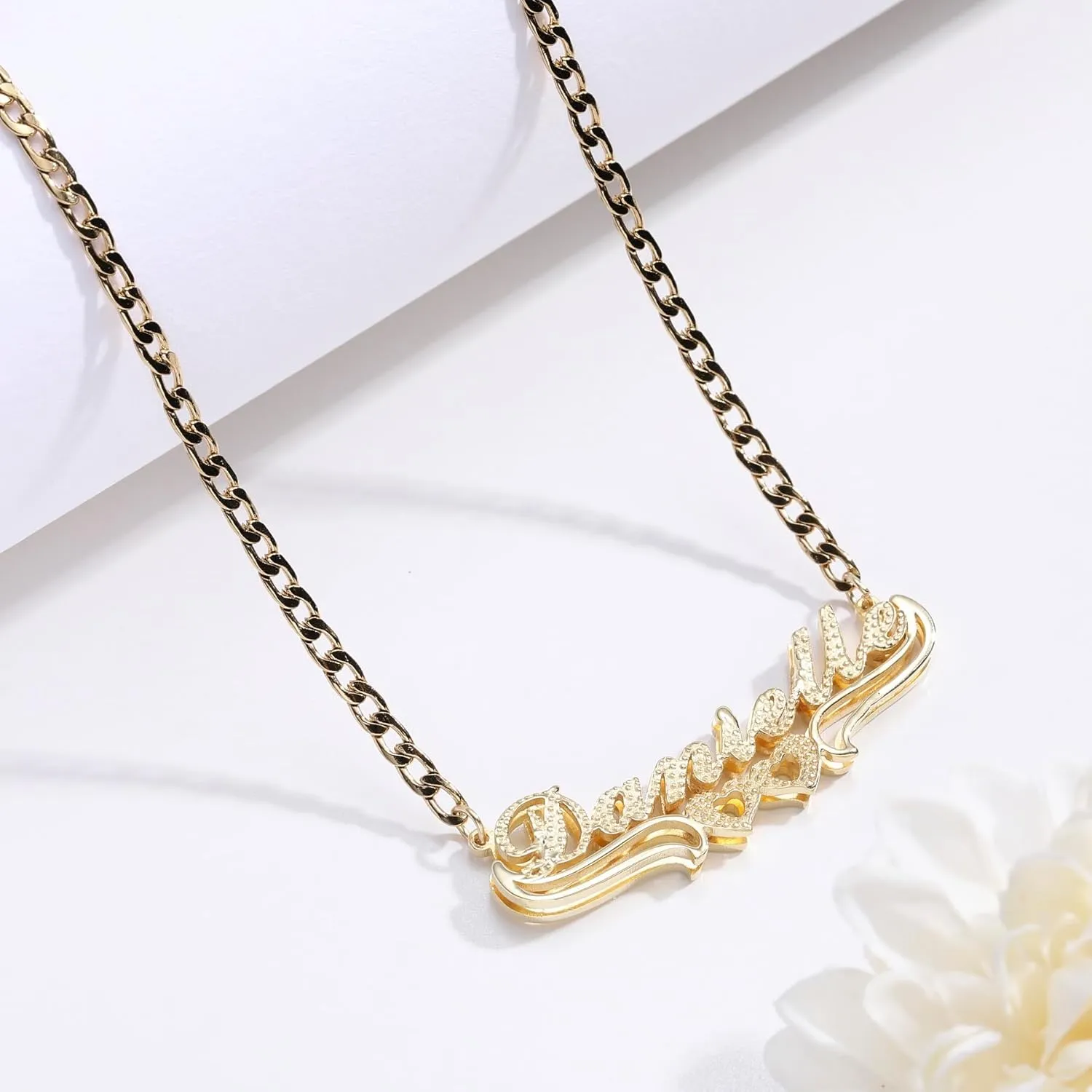 MeMeDIY Double Plated Name Necklace Personalized Name Plate Pendant Two Tone Gold and Silver Necklace for Women Heart Made Letter Plate Pendant Dainty Jewelry Gift 14"-22"