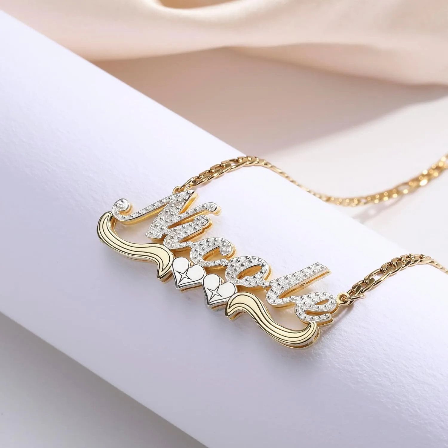 MeMeDIY Double Plated Name Necklace Personalized Name Plate Pendant Two Tone Gold and Silver Necklace for Women Heart Made Letter Plate Pendant Dainty Jewelry Gift 14"-22"