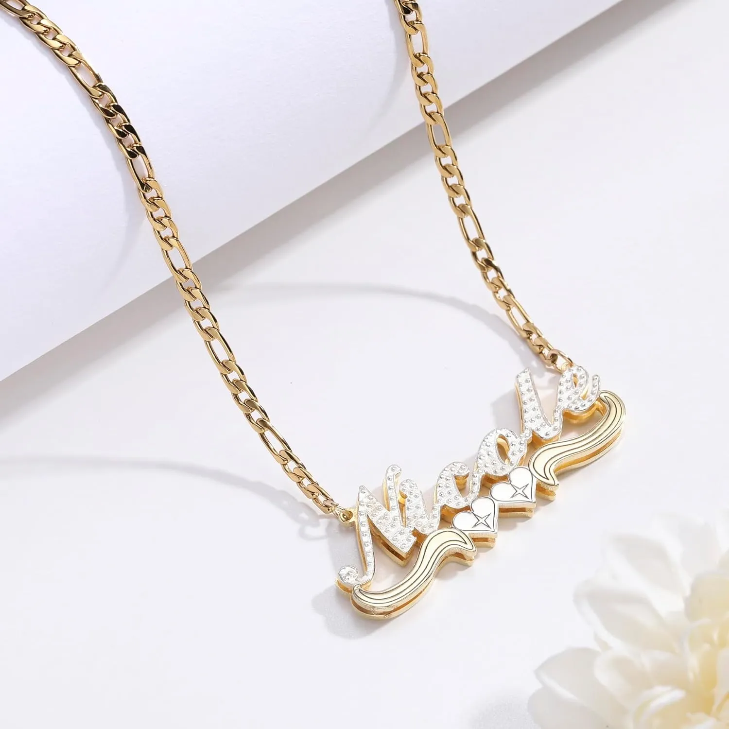 MeMeDIY Double Plated Name Necklace Personalized Name Plate Pendant Two Tone Gold and Silver Necklace for Women Heart Made Letter Plate Pendant Dainty Jewelry Gift 14"-22"