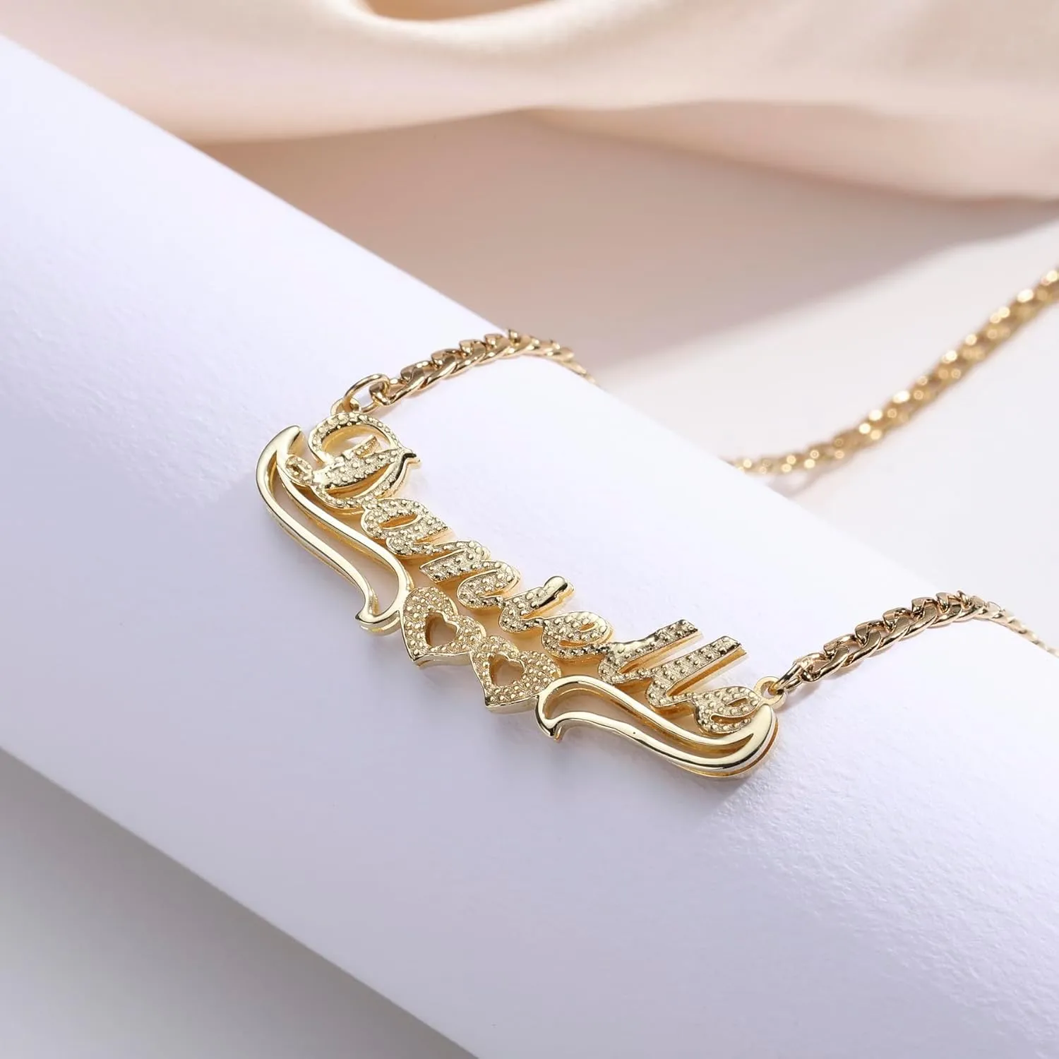 MeMeDIY Double Plated Name Necklace Personalized Name Plate Pendant Two Tone Gold and Silver Necklace for Women Heart Made Letter Plate Pendant Dainty Jewelry Gift 14"-22"