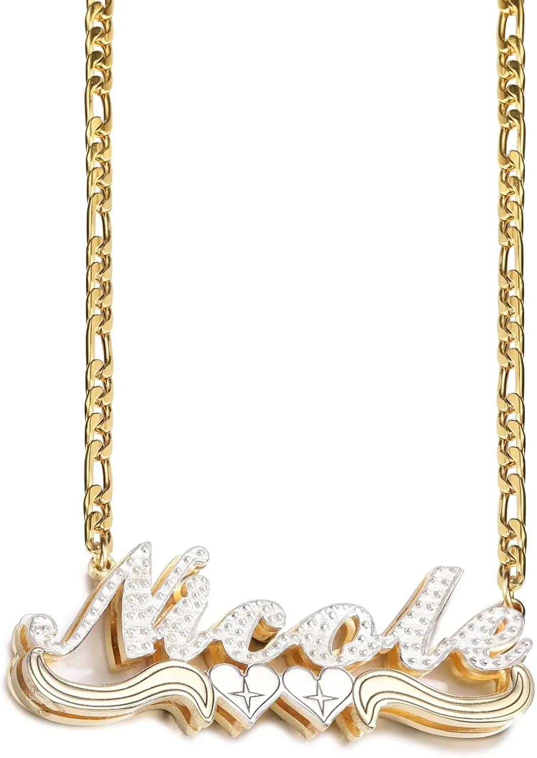 MeMeDIY Double Plated Name Necklace Personalized Name Plate Pendant Two Tone Gold and Silver Necklace for Women Heart Made Letter Plate Pendant Dainty Jewelry Gift 14"-22"