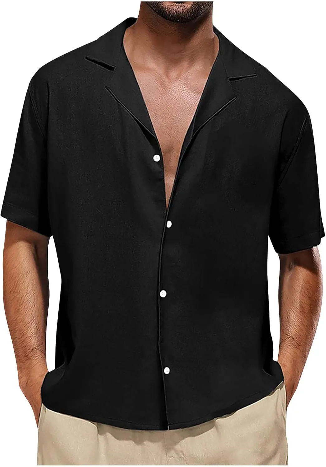 Men Linen Shirt Slim Cotton Solid Color Short Sleeve Button Down Lapel T-Shirts Casual Outdoor Vacation Soft Blouses