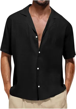 Men Linen Shirt Slim Cotton Solid Color Short Sleeve Button Down Lapel T-Shirts Casual Outdoor Vacation Soft Blouses