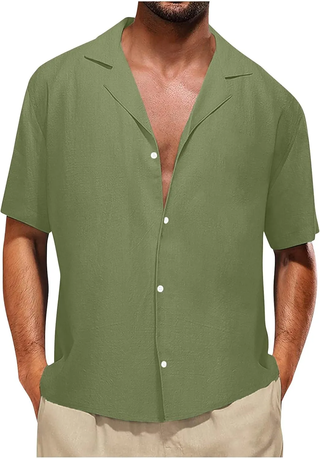 Men Linen Shirt Slim Cotton Solid Color Short Sleeve Button Down Lapel T-Shirts Casual Outdoor Vacation Soft Blouses