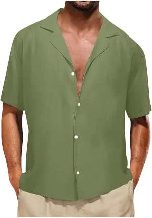 Men Linen Shirt Slim Cotton Solid Color Short Sleeve Button Down Lapel T-Shirts Casual Outdoor Vacation Soft Blouses