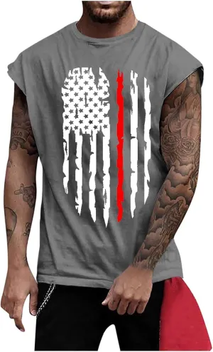 Mens American Flag Tank Tops 4th of July Shirts Sleeveless O-Collar Workout Graphic Tees USA Tank Top