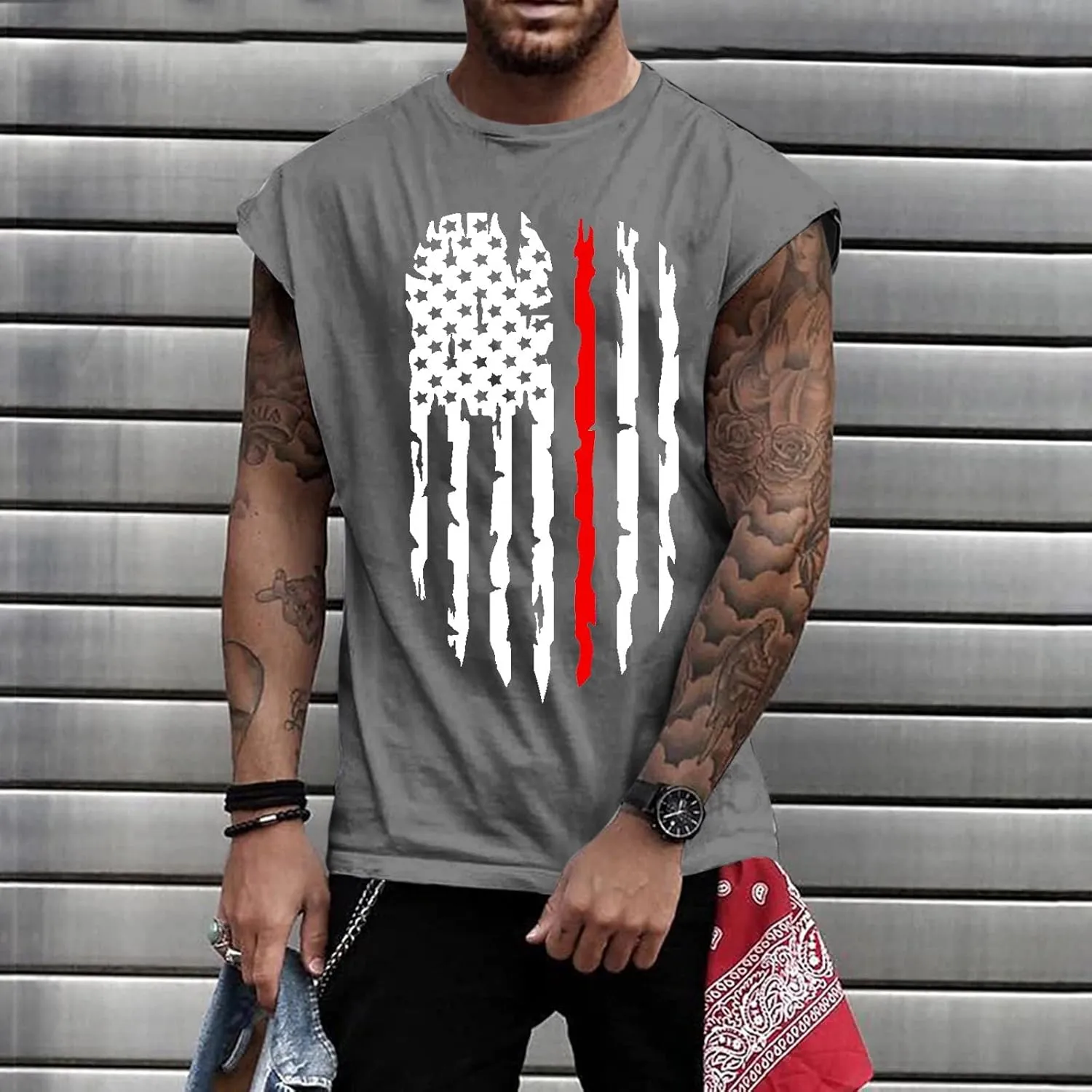 Mens American Flag Tank Tops 4th of July Shirts Sleeveless O-Collar Workout Graphic Tees USA Tank Top