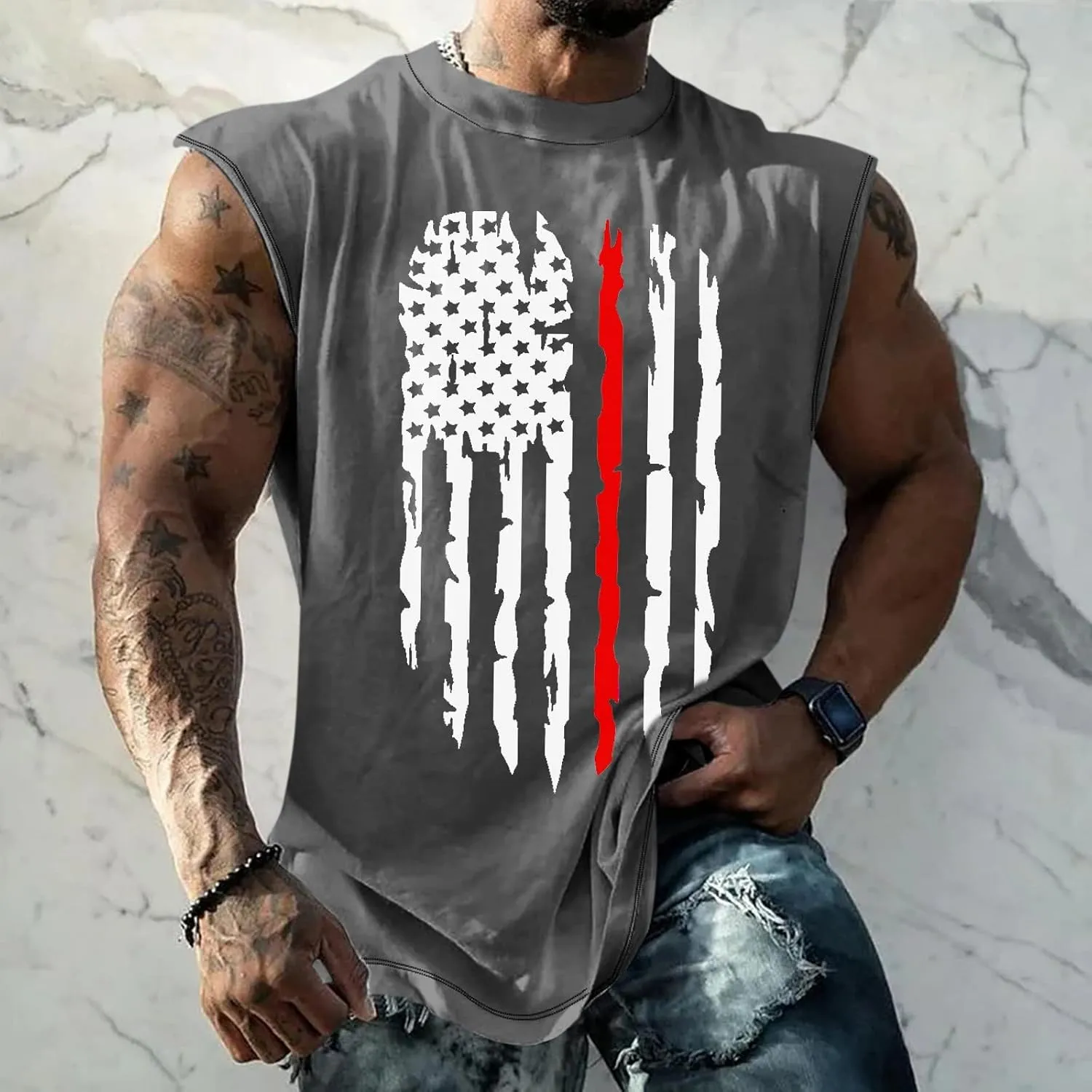 Mens American Flag Tank Tops 4th of July Shirts Sleeveless O-Collar Workout Graphic Tees USA Tank Top