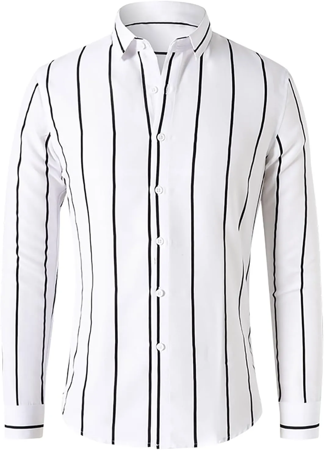 Men's Black and White Vertical Striped Shirt Classic Slim Fit Long Sleeve Lapel Button Down Top