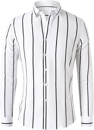 Men's Black and White Vertical Striped Shirt Classic Slim Fit Long Sleeve Lapel Button Down Top