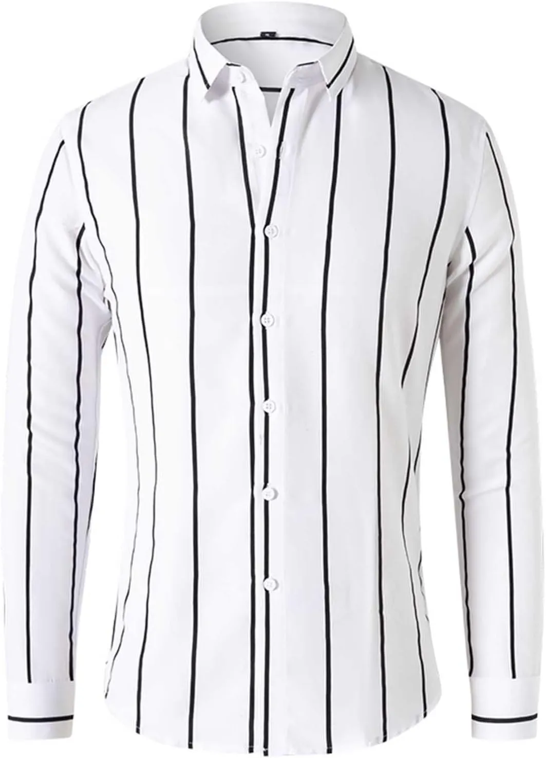Men's Black and White Vertical Striped Shirt Classic Slim Fit Long Sleeve Lapel Button Down Top
