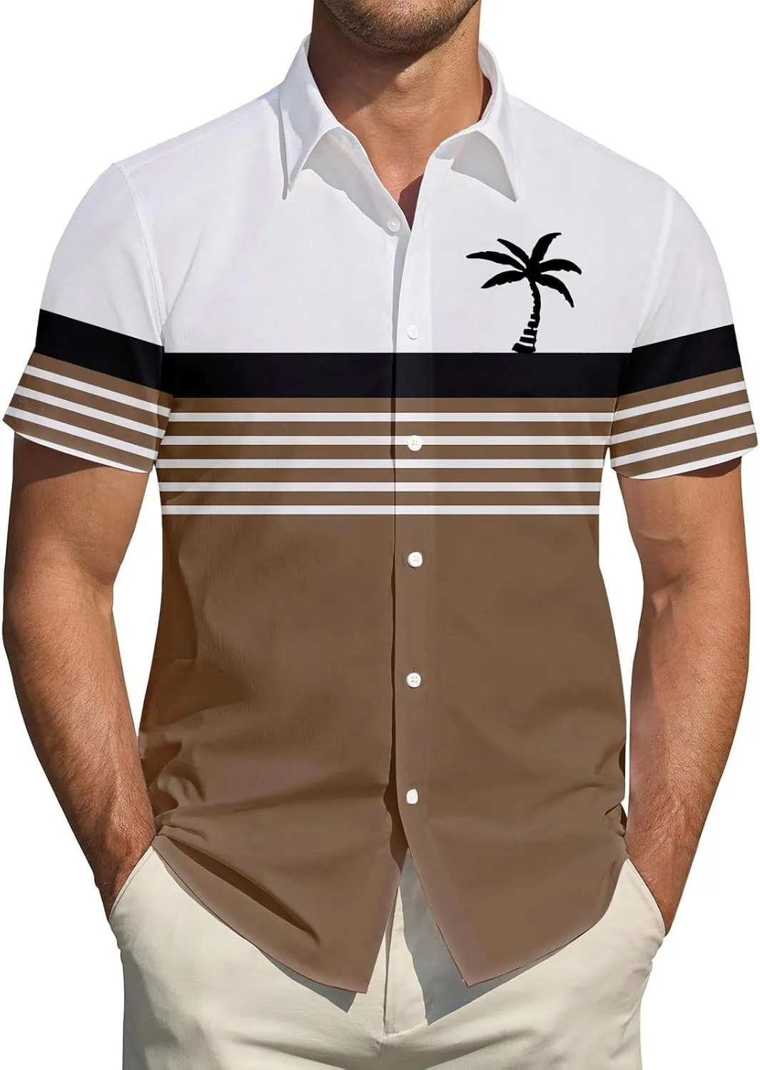 Men's Button Down Short Sleeve Tops Coconut Tree Print Beachwear Striped Shirts Hawaiian Shirt Striped Collar Neck Top