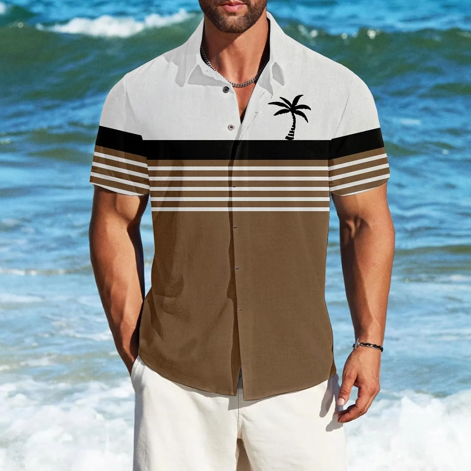 Men's Button Down Short Sleeve Tops Coconut Tree Print Beachwear Striped Shirts Hawaiian Shirt Striped Collar Neck Top