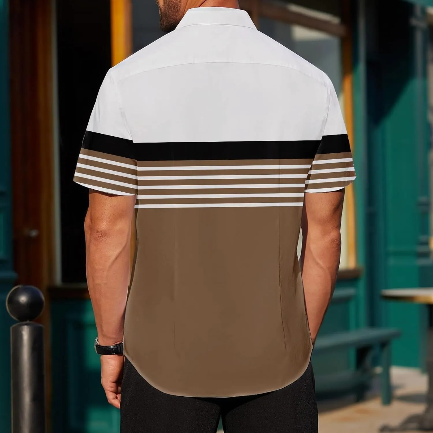 Men's Button Down Short Sleeve Tops Coconut Tree Print Beachwear Striped Shirts Hawaiian Shirt Striped Collar Neck Top