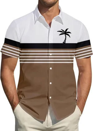 Men's Button Down Short Sleeve Tops Coconut Tree Print Beachwear Striped Shirts Hawaiian Shirt Striped Collar Neck Top