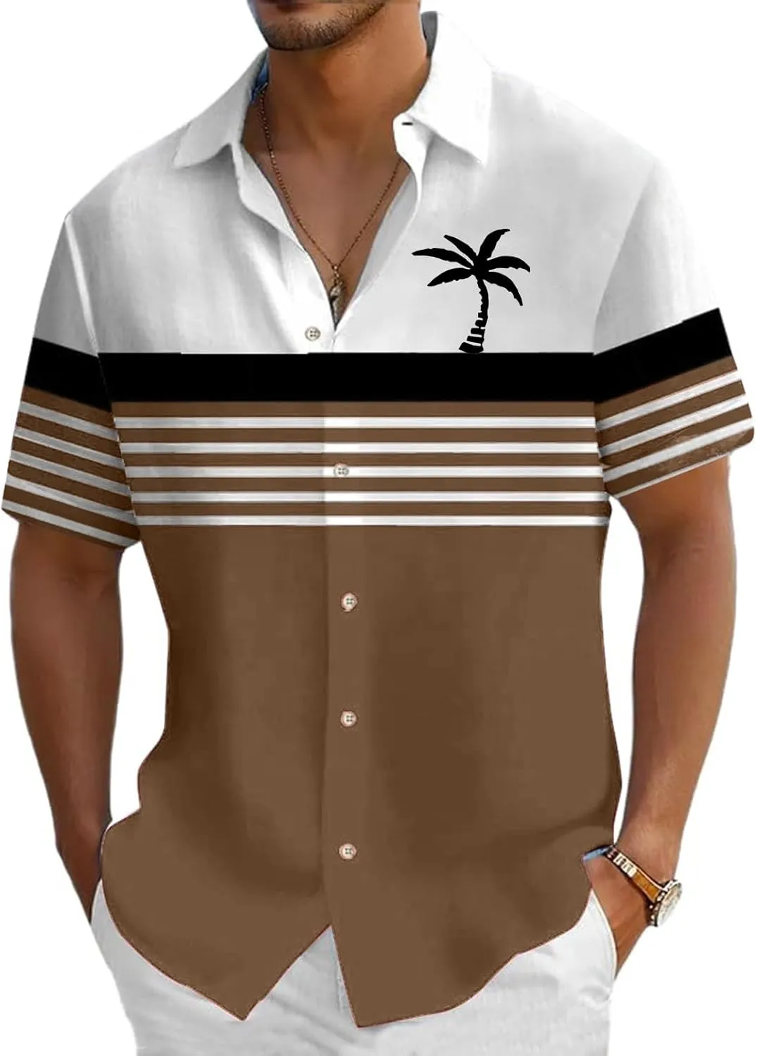 Men's Button Down Short Sleeve Tops Coconut Tree Print Beachwear Striped Shirts Hawaiian Shirt Striped Collar Neck Top