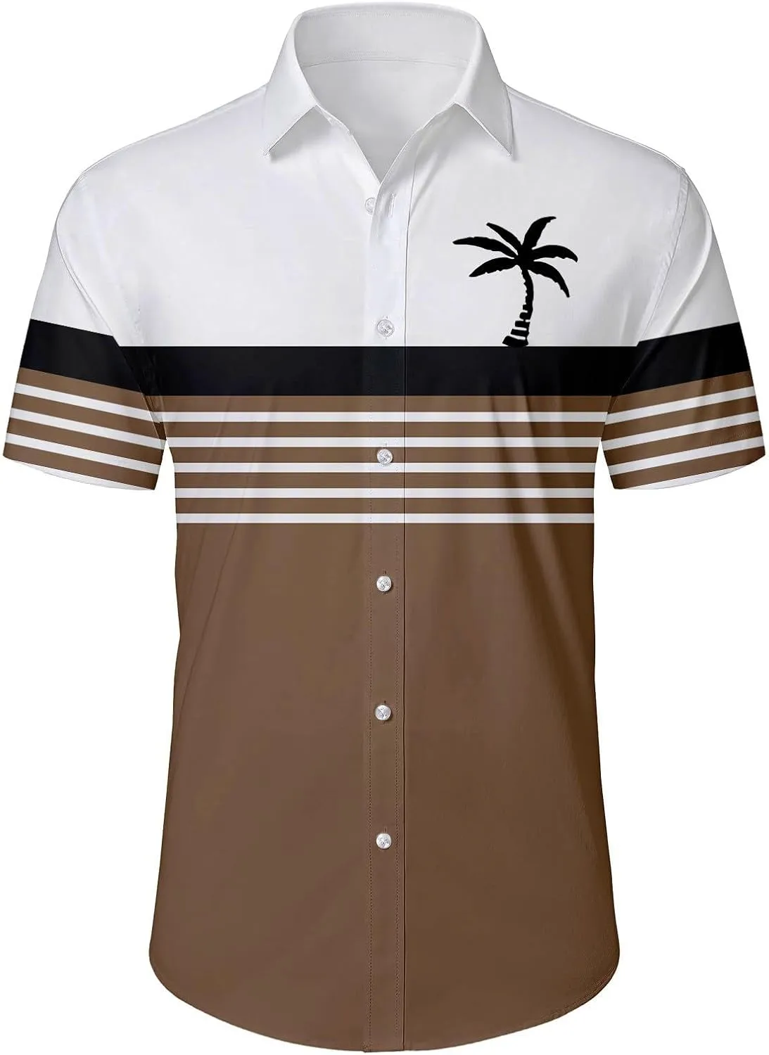 Men's Button Down Short Sleeve Tops Coconut Tree Print Beachwear Striped Shirts Hawaiian Shirt Striped Collar Neck Top