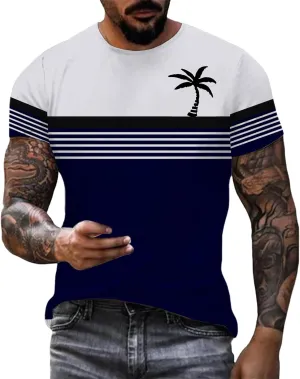 Men's Button Down Short Sleeve Tops Coconut Tree Print Beachwear Striped Shirts Workout Shirt Striped Crew Neck Top