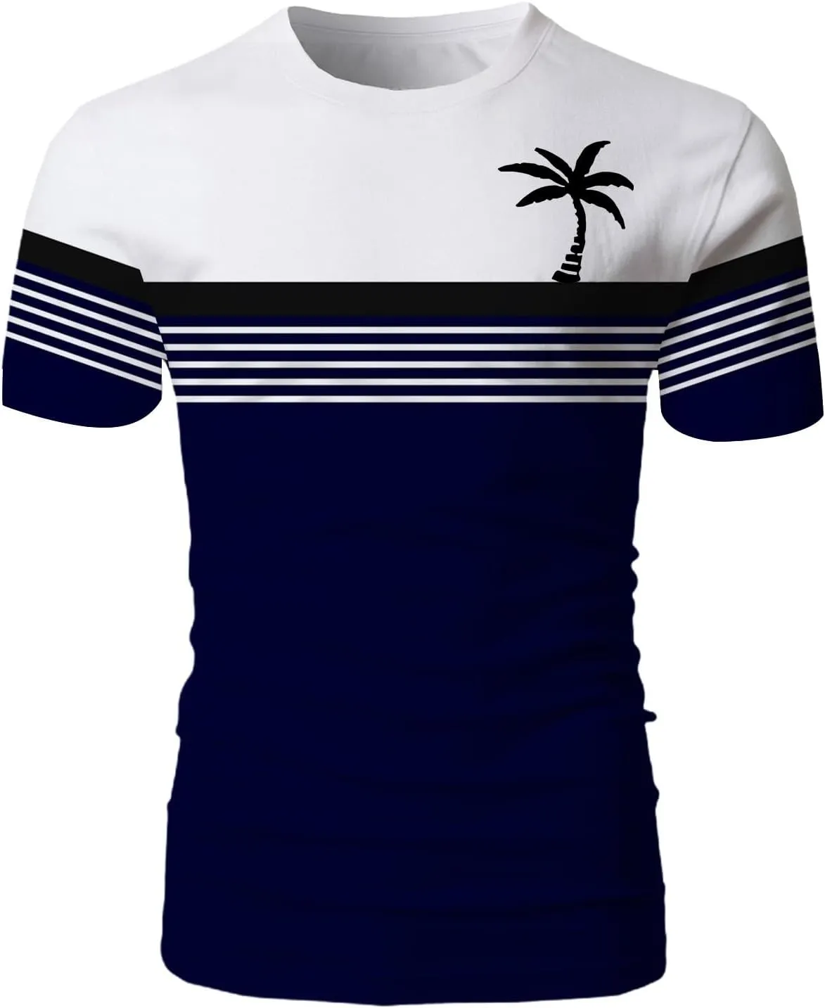 Men's Button Down Short Sleeve Tops Coconut Tree Print Beachwear Striped Shirts Workout Shirt Striped Crew Neck Top