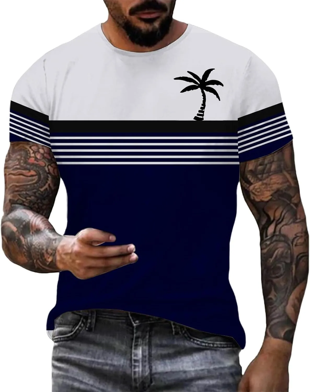 Men's Button Down Short Sleeve Tops Coconut Tree Print Beachwear Striped Shirts Workout Shirt Striped Crew Neck Top