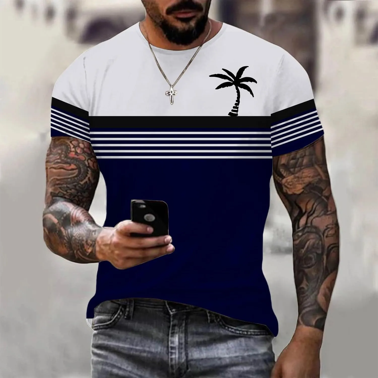 Men's Button Down Short Sleeve Tops Coconut Tree Print Beachwear Striped Shirts Workout Shirt Striped Crew Neck Top