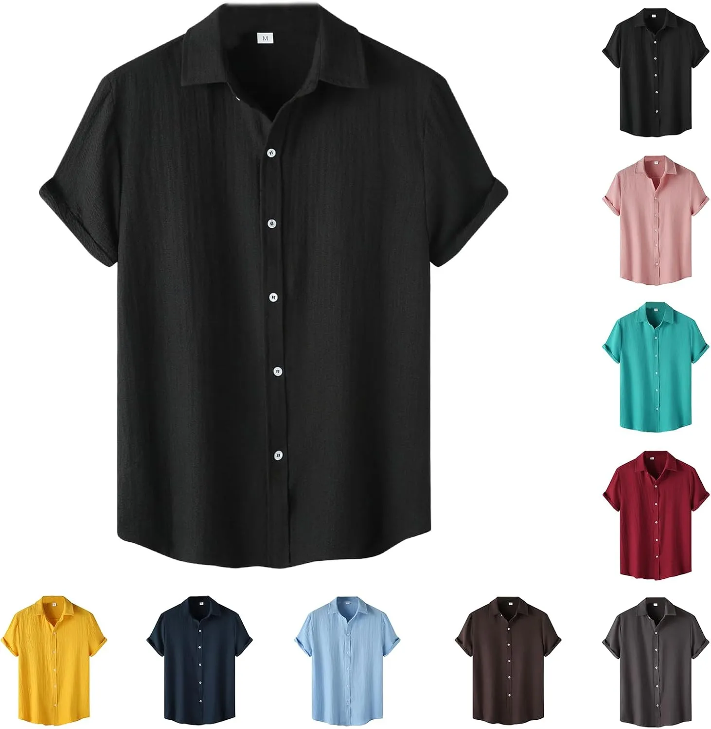 Men's Casual Button Down Shirt Short Sleeve Summer Beach Shirts Lightweight Solid Color Cotton Linen Shirts for Men