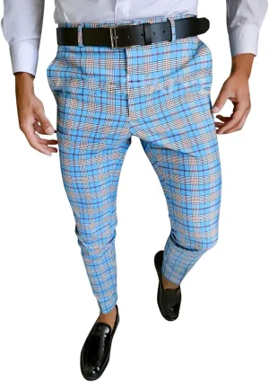 Mens Casual Pants Slim Fit Stretch Skinny Flat-Front Striped Plaid Dress Pants Stylish Checkered Business Chinos Trousers Light Blue