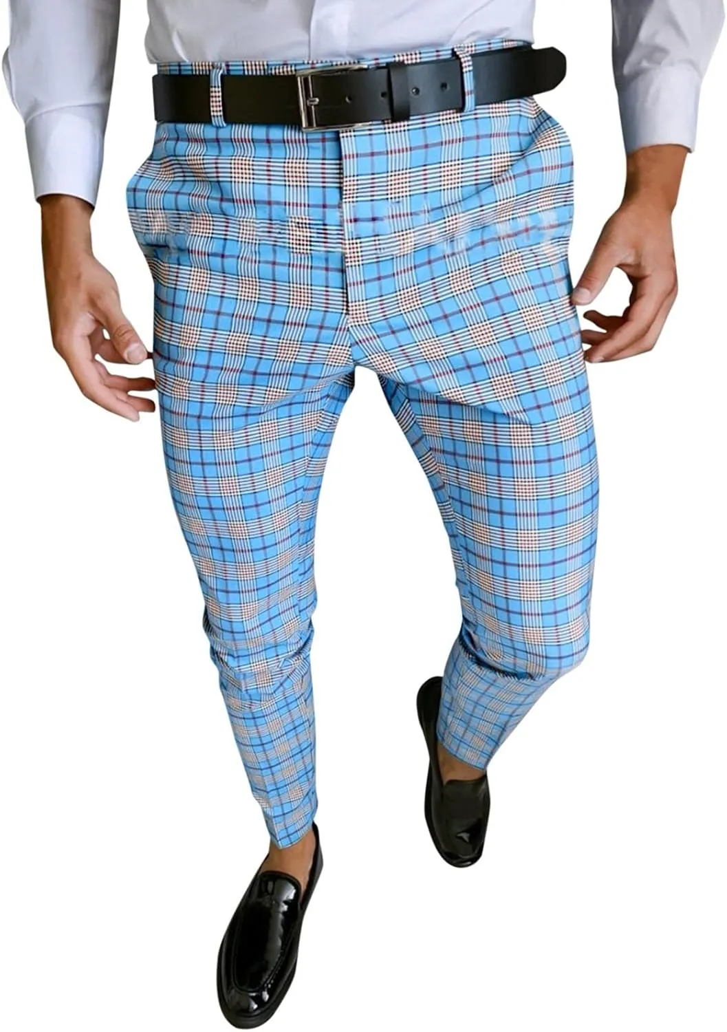 Mens Casual Pants Slim Fit Stretch Skinny Flat-Front Striped Plaid Dress Pants Stylish Checkered Business Chinos Trousers Light Blue